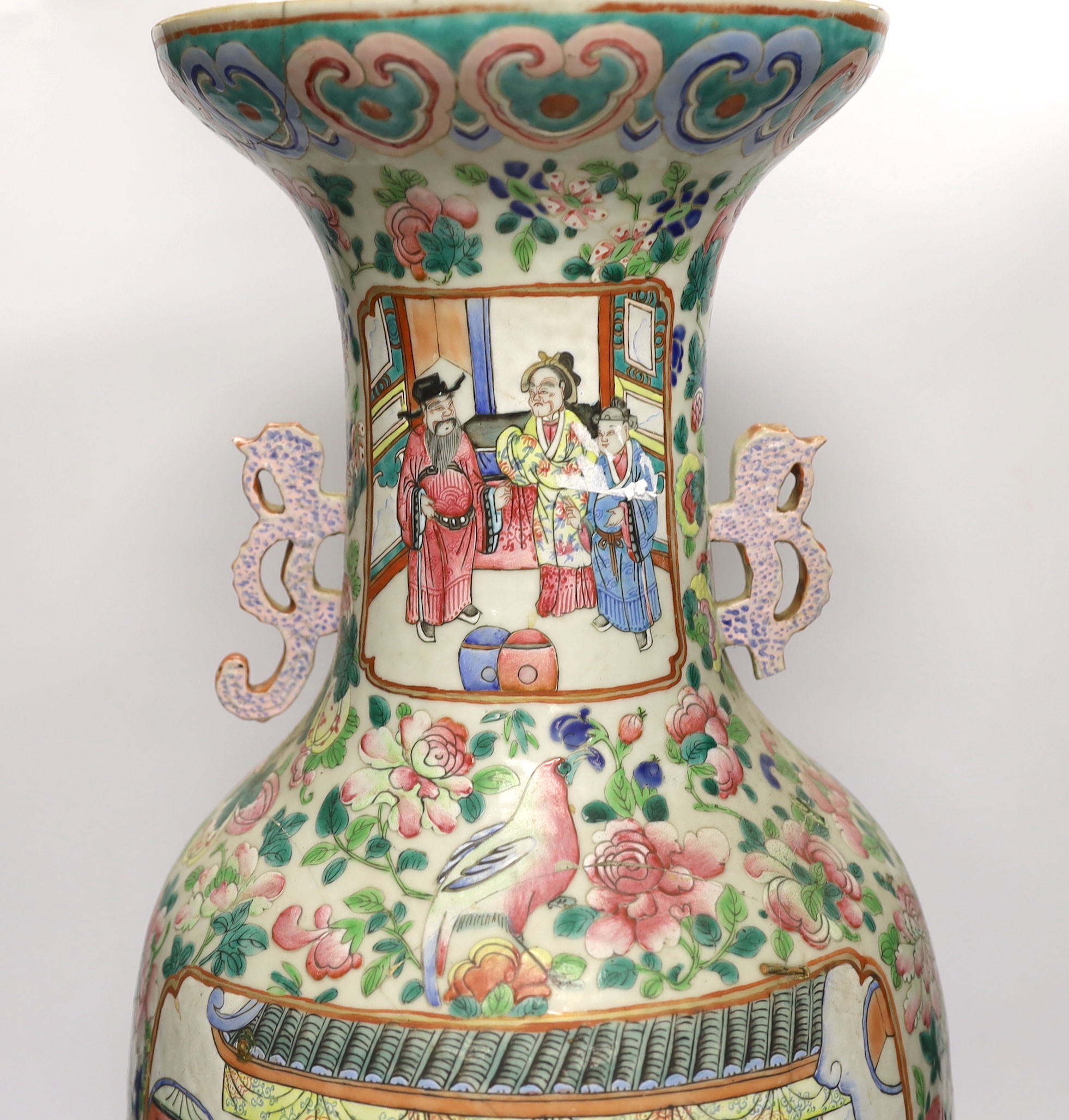 A large 19th century Chinese famille rose vase, damaged, 63cm